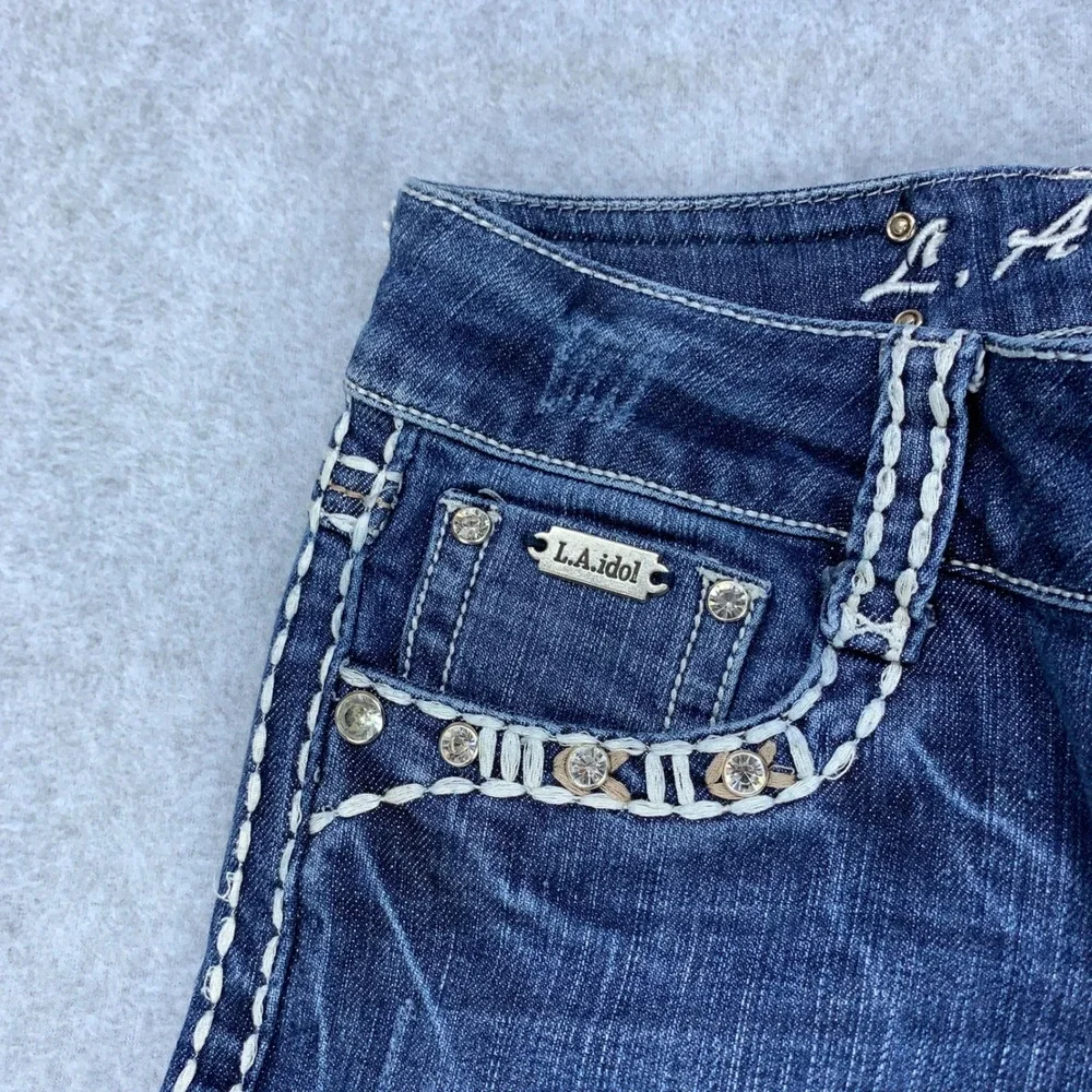 L.A. Idol Bootcut Jeans Womens 7 Blue Rhinestone Embroidered Pockets Stretch